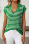 casual slight stretch 7 colors v-neck stripe short sleeve knit wear_Black_White_Magenta_Green