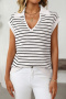 casual slight stretch 7 colors v-neck stripe short sleeve knit wear_Black_White