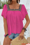 casual non-stretch square neck embroidery blouses_Black_White_Magenta