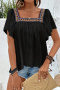 casual non-stretch square neck embroidery blouses_Black