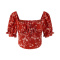 casual non-stretch floral batch printing square neck blouses(size run small)_Red