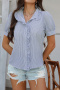 casual non-stretch 3 colors striped short sleeve ruffle blouse(only blouse)_White_Pink_Blue