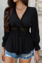 stylish non-stretch 5 colors v-neck hollow out lace-up blouse(only blouse)_Black