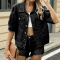 casual non-stretch solid color loose short-sleeved denim jacket_Black