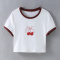 casual slight stretch bow cherry print contrast color collar crop t-shirt_Black_Red_Rose Red