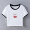 casual slight stretch bow cherry print contrast color collar crop t-shirt_Black