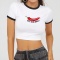 casual slight stretch chili pepper letter print contrast color collar t-shirt_Black
