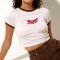 casual slight stretch chili pepper letter print contrast color collar t-shirt_Black_Red_Rose Red