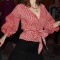 stylish plus size non-stretch latticed v-neck puff sleeve bow blouse_Black_Red