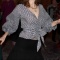 stylish plus size non-stretch latticed v-neck puff sleeve bow blouse_Black