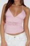 xs-xl sexy slight stretch lace stitching v-neck halter-neck lace-up crop vest_Black_White_Pink