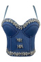 sexy non-stretch solid color sling with padded rhinestones decor denim vest_Sky Blue_Blue