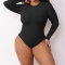 casual high stretch crew neck solid color bodysuit_Black
