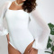 stylish plus size slight stretch chiffon stitching lantern sleeve bodysuit_Black_White