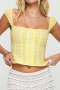 casual non-stretch square neck solid color blouses_White_Yellow