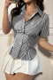 casual non-stretch patchwork stripes printing pocket short-sleeved blouse_Black