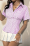 casual non-stretch patchwork stripes printing pocket short-sleeved blouse_Black_Pink