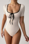stylish slight stretch color-block short sleeve lace-up all-match bodysuit_Black_Beige