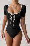 stylish slight stretch color-block short sleeve lace-up all-match bodysuit_Black