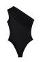 casual slight stretch one shoulder shirring solid color bodysuit(size run small)_Black