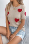 new high-stretch contrast viscose hearts 3-color short sleeves knit wear_Black_White_Khaki