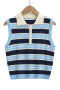 casual slight stretch 3 colors ribbed knit lapel stripe pattern tank top_Sky Blue