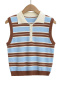 casual slight stretch 3 colors ribbed knit lapel stripe pattern tank top_Sky Blue_Brown