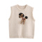 casual slight stretch 3 colors ribbed knit cartoon embroidery tank top_Gray_Pink_Beige