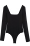 casual slight stretch square neck solid color bodysuit_Black
