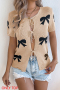 casual slight stretch 3 colors bow jacquard short sleeve lacew-up knit wear_Magenta_Beige_Khaki 