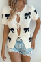 casual slight stretch 3 colors bow jacquard short sleeve lacew-up knit wear_Magenta_Beige