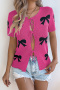 casual slight stretch 3 colors bow jacquard short sleeve lacew-up knit wear_Magenta