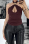 casual slight stretch solid color metal decor hollow all-match slim vest_Black_Rose Red