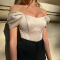 stylish new slight stretch off shoulder with rubber bone slim fit satin top_Black_White_Red_Green_Beige