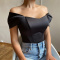 stylish new slight stretch off shoulder with rubber bone slim fit satin top_Black