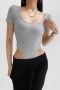 exquisite slight stretch crew neck 4 colors backless bodysuit(size run small)_Black_Gray