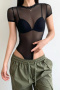 sexy slight stretch solid color see-through mesh short sleeves bodysuit size run small_Black