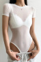 sexy slight stretch solid color see-through mesh short sleeves bodysuit size run small_Black_White