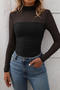 casual slight stretch 6-colors see-through mesh patchwork slim fit shirring top_Black