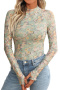 casual slight stretch slim fit mesh floral print thumb hole long sleeve top #1_Pink_Green