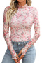 casual slight stretch slim fit mesh floral print thumb hole long sleeve top #1_Pink