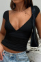exquisite slight stretch lace stitching 4 colors v-neck all-match top_Black