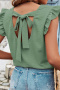casual non-stretch solid color 5-colors ruffle sleeves wrinkle fabric top_Black_White_Green