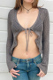 casual slight stretch solid color knitted hollow cardigan top_White_Gray