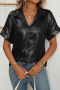 casual plus size non-stretch 7 colors lapel button blouses_Black
