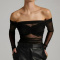 sexy slight stretch see-through mesh off shoulder top_Black