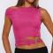 stylish slight stretch 3 colors oblique shoulder hollow ring lined vest_Black_Magenta