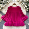 stylish slight stretch 5 colors pleated ruffle loose blouse_Black_White_Dark Gray_Pink_Magenta