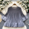 stylish slight stretch 5 colors pleated ruffle loose blouse_Black_White_Dark Gray