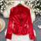 french elegant non-stretch satin 6 colors 3d flower long sleeve blouse_Black_White_Pink_Red